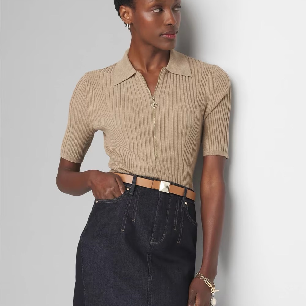White House Black Market Tan Ribbed Polo Top